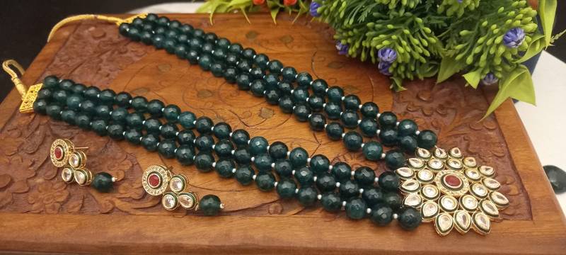 Brass American Diamond High End Pendant Choker with Imitation Beads