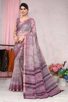 Purple Printed Organza Saree With Blouse