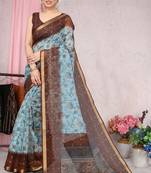 Blue Printed Organza Saree With Blouse