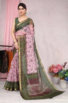 Baby Pink Printed Organza Saree With Blouse