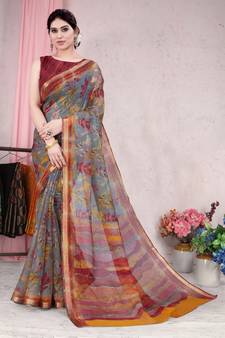 Grey Printed Organza Saree With Blouse
