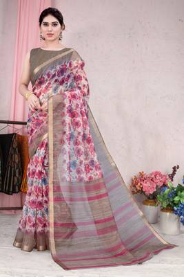 Pink Printed Organza Saree With Blouse 1