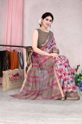 Pink Printed Organza Saree With Blouse 2