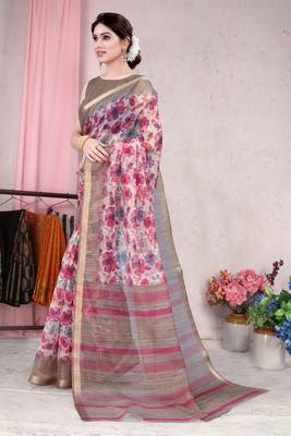 Pink Printed Organza Saree With Blouse 3