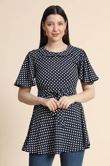 Navy-blue printed polyester long-tops