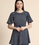 Navy-blue printed polyester long-tops