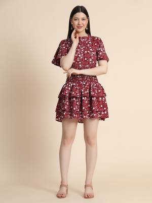 Maroon printed polyester long-dresses 1