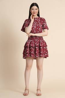 Maroon printed polyester long-dresses