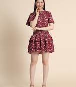 Maroon printed polyester long-dresses