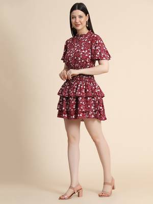 Maroon printed polyester long-dresses 2