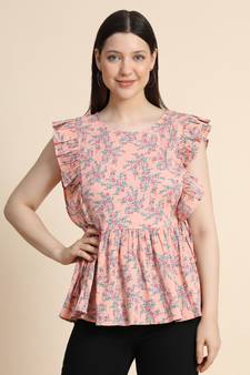 Peach printed georgette sleeveless-tops