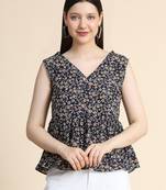 Blue printed polyester sleeveless-tops