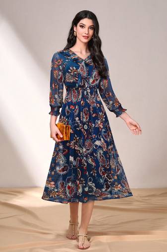 Navy-blue printed georgette long-dresses
