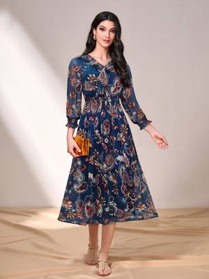 Navy-blue printed georgette long-dresses 1