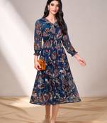 Navy-blue printed georgette long-dresses