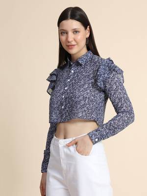 Blue printed georgette crop-tops 2
