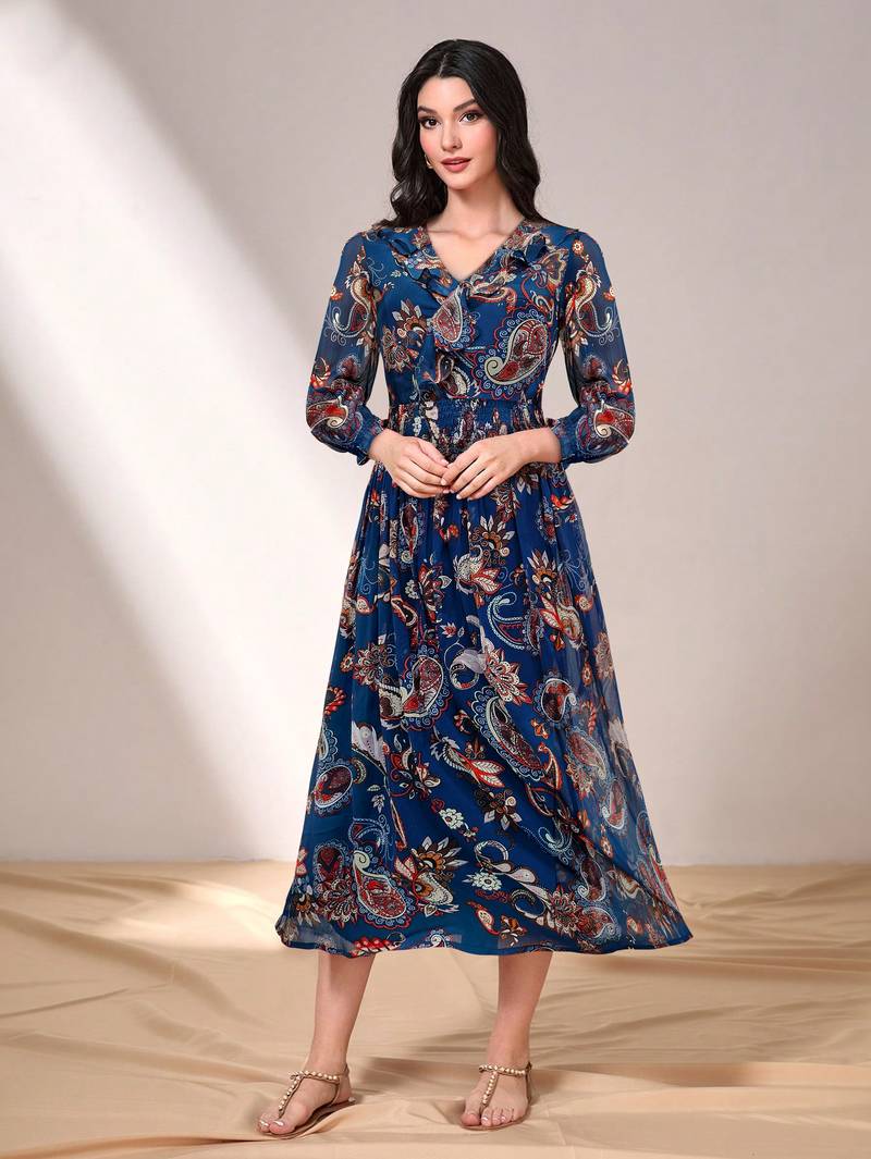 Navy-blue printed georgette long-dresses