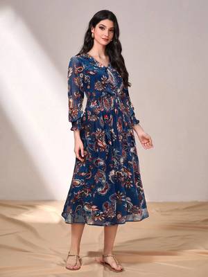 Navy-blue printed georgette long-dresses 3
