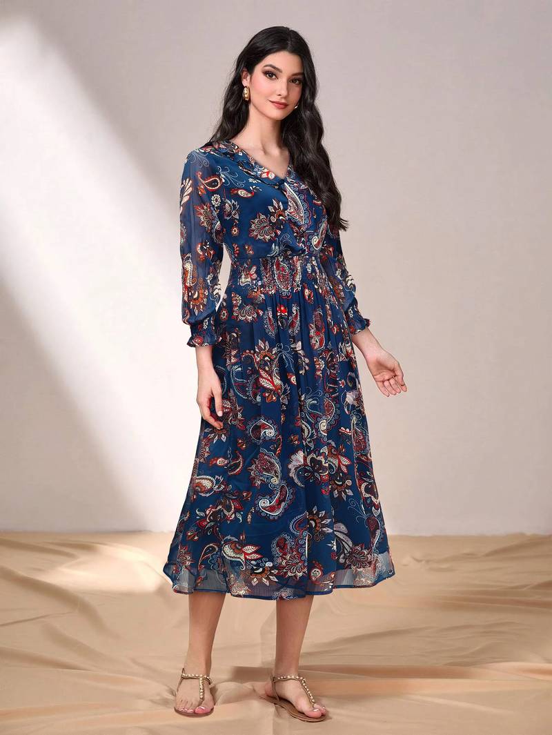 Navy-blue printed georgette long-dresses