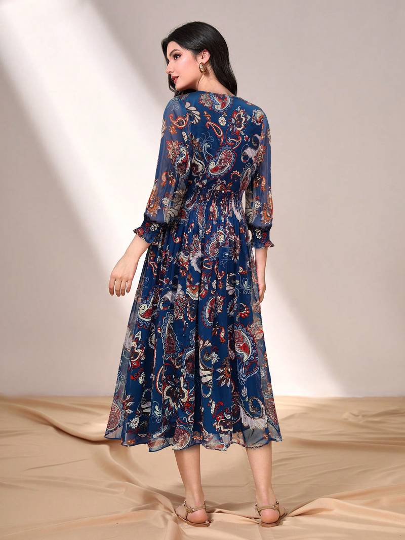 Navy-blue printed georgette long-dresses