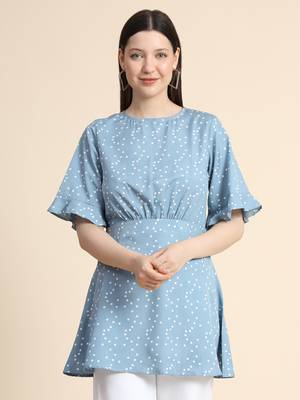 Blue printed polyester long-tops 1