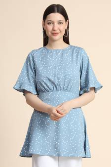 Blue printed polyester long-tops