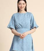 Blue printed polyester long-tops