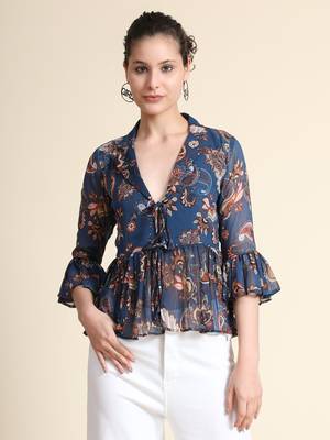 Navy-blue printed georgette party-tops 1
