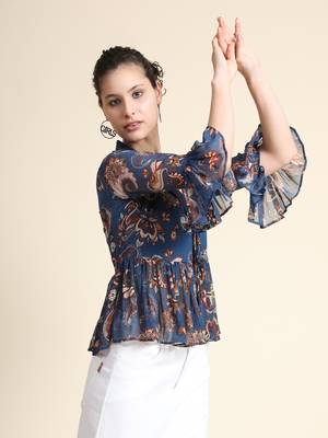 Navy-blue printed georgette party-tops 2