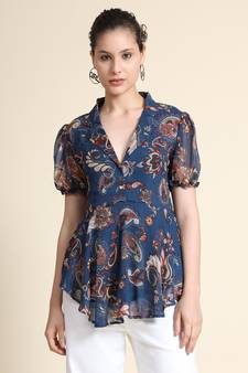 Teal printed georgette women-shirts