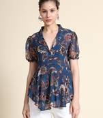 Teal printed georgette women-shirts