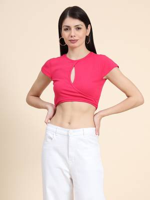 Pink plain polyester crop-tops 1