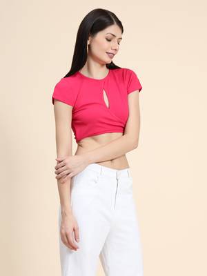 Pink plain polyester crop-tops 2