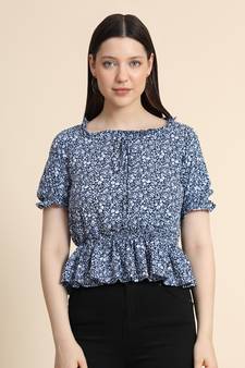 Navy-blue printed polyester crop-tops