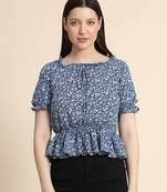 Navy-blue printed polyester crop-tops