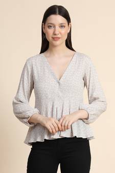 Beige printed Muslin party-tops