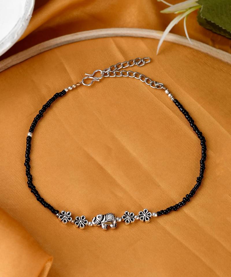 Black Beaded Chain Anklet with Elephant