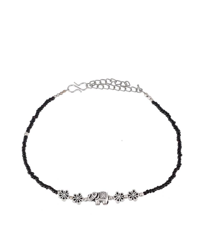Black Beaded Chain Anklet with Elephant