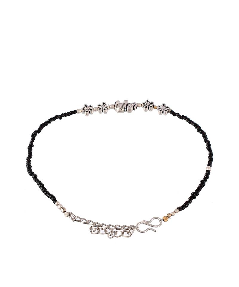 Black Beaded Chain Anklet with Elephant