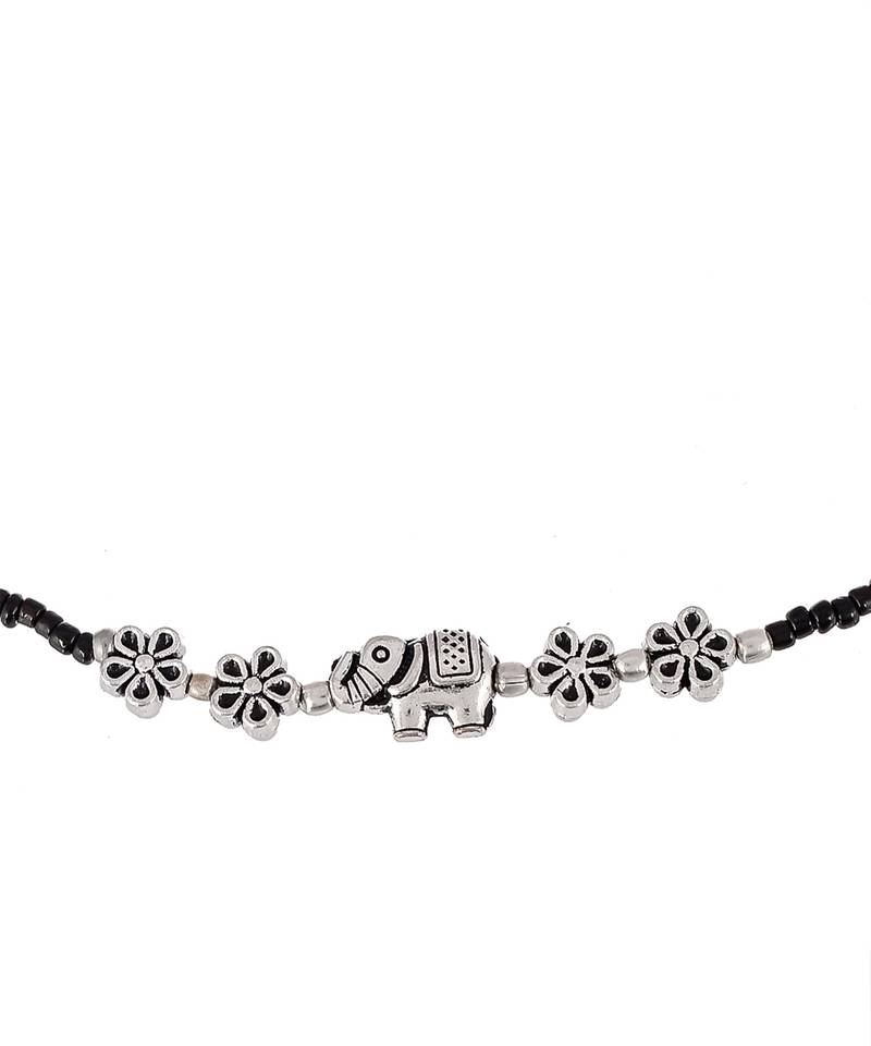 Black Beaded Chain Anklet with Elephant