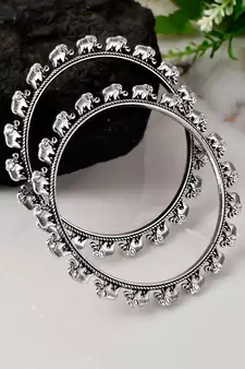 Set of 2 Silver Plated Oxidised Elephant shaped bangles