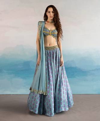 Printed Mirrorwork Embroidered Bralette With Ghagara And Dupatta 1