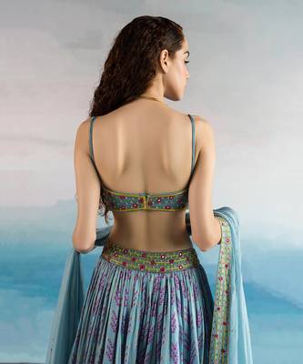 Printed Mirrorwork Embroidered Bralette With Ghagara And Dupatta 4