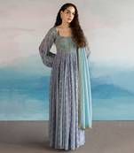 Printed 4 Part Sleeves Embroidered Yoke Anarkali With Organza Dupatta