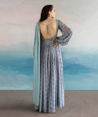 Printed 4 Part Sleeves Embroidered Yoke Anarkali With Organza Dupatta 2