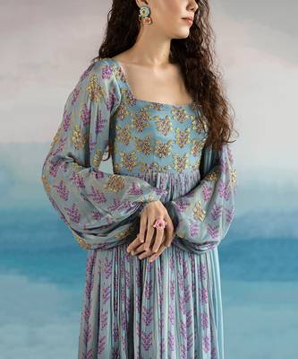 Printed 4 Part Sleeves Embroidered Yoke Anarkali With Organza Dupatta 3