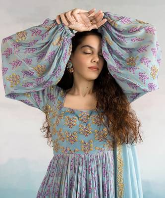 Printed 4 Part Sleeves Embroidered Yoke Anarkali With Organza Dupatta 4