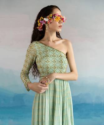 Printed Embroidered One Shoulder Anarkali With Dupatta 2
