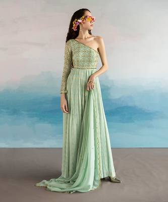 Printed Embroidered One Shoulder Anarkali With Dupatta 3