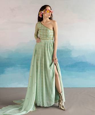 Printed Embroidered One Shoulder Anarkali With Dupatta 1